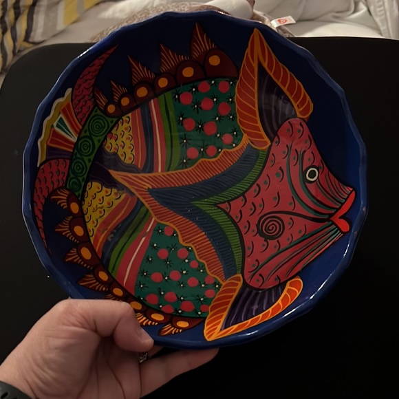 Hand Painted Folk Art Red Clay Footed Bowl - Colorful Tropical Fish. 10 in. Wide - Picture 7 of 7
